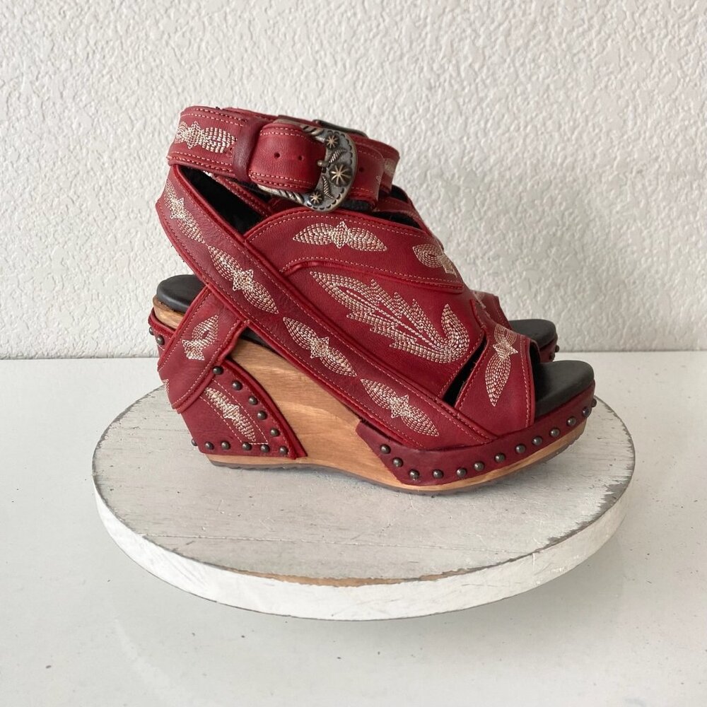 Lane Boots LEXINGTON Womens Red Wedges 7.5 Western Sandals Cowgirl Wooden Heels - Picture 2 of 11